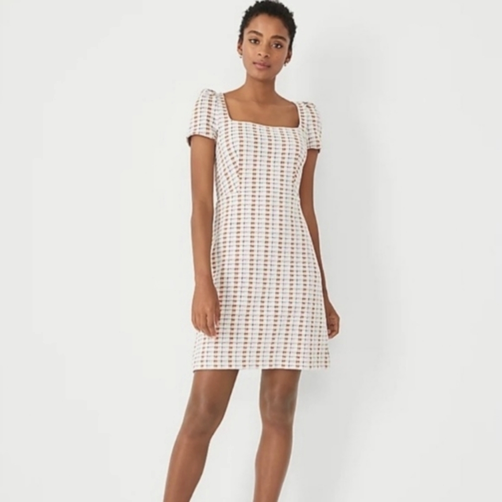 Ann Taylor Madras Beige Plaid Puff Sleeve Flare Dress - Picture 1 of 7